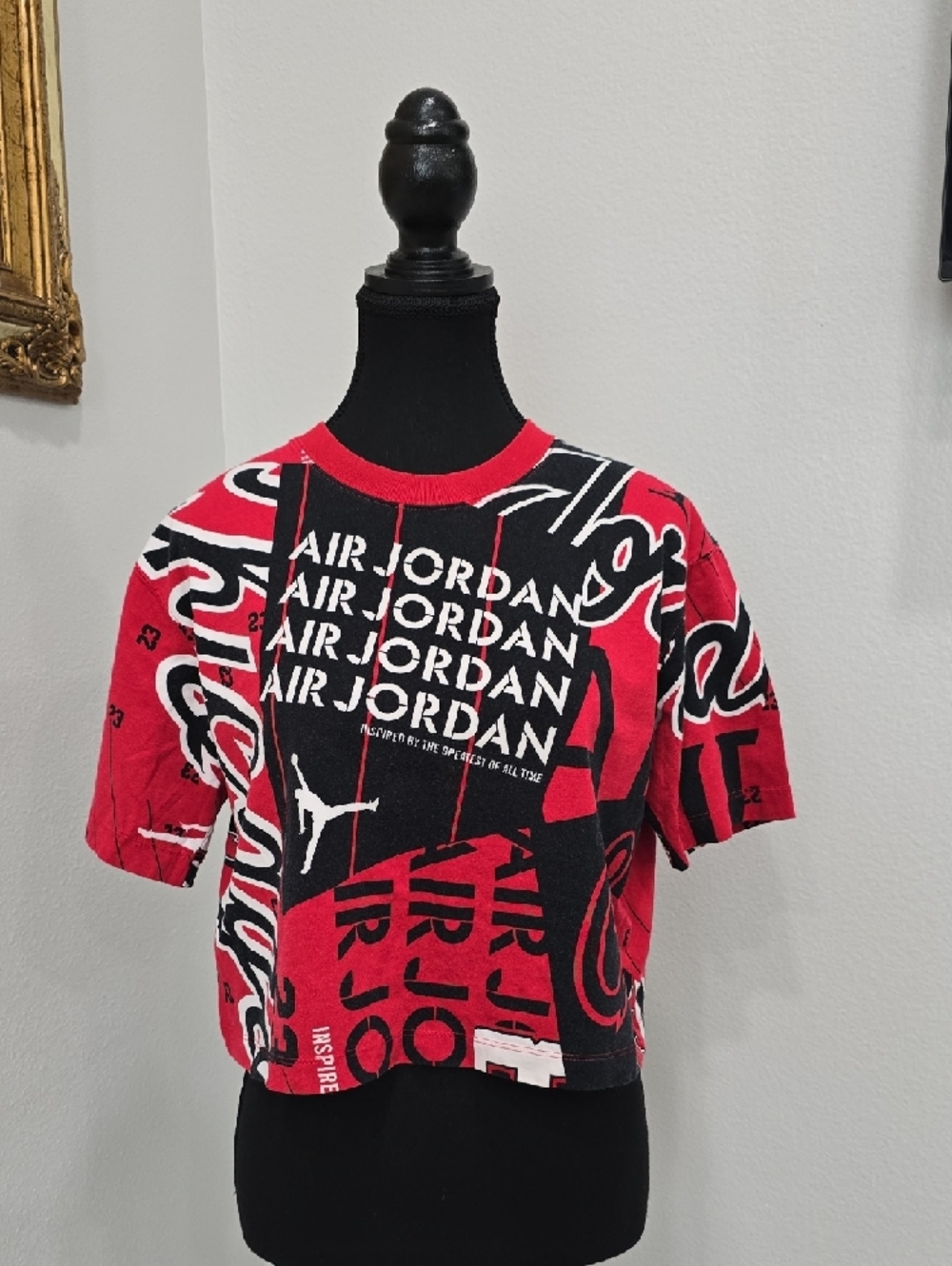 Air Jordan Heritage All Over Print Graphic Tee Red Black Crop T-Shirt Size S